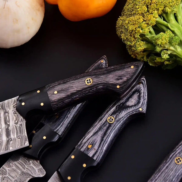 Hand forged carbon Damascus kitchen knife set with Pakka wood handles