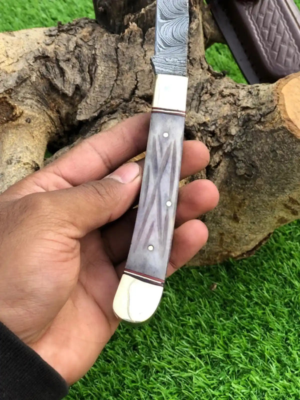 Hand holding a folding knife with a decorative handle against a natural background