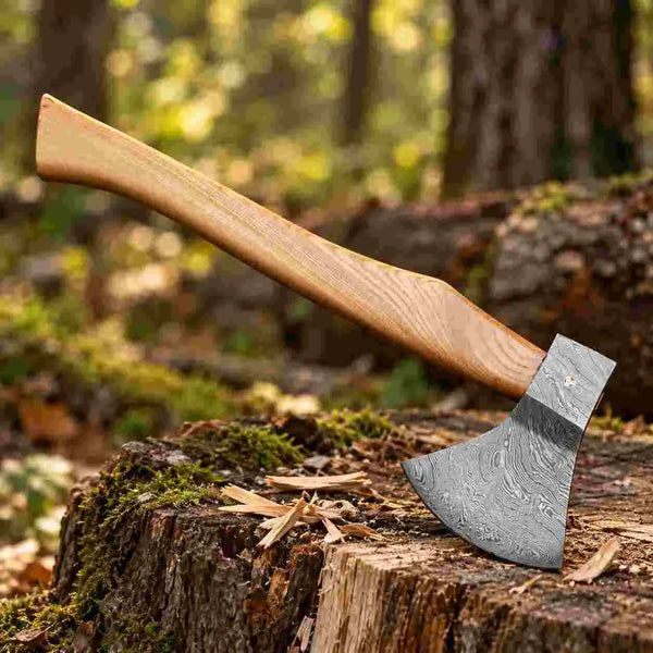 Handmade Damascus axe with a natural rosewood handle