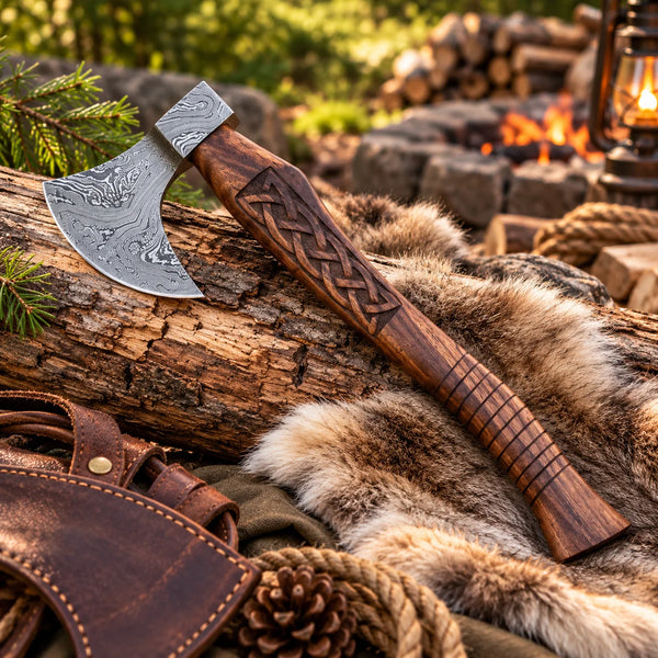 Handmade Damascus steel Viking axe with engraved wood handle