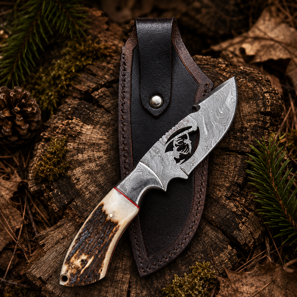 A fixed-blade knife with a patterned steel blade and a natural horn handle, displayed diagonally next to its dark brown leather sheath on a rustic wood log with pine needles and moss.