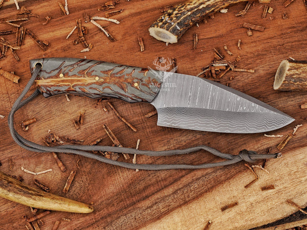Handmade Damascus skinning knife with pinecone handle