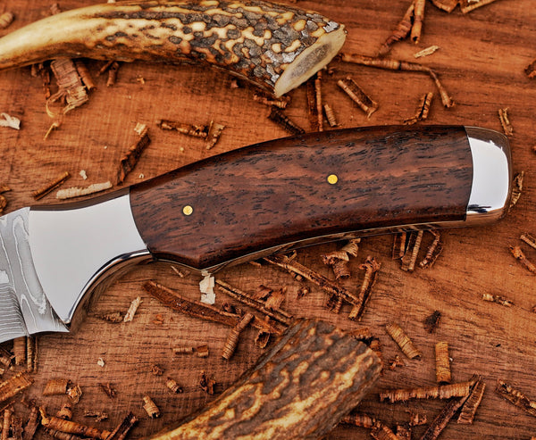 Bushcraft Knife | Stainless Damascus Steel Blade | Ironwood Handle | SS Bolsters & Leather Sheath