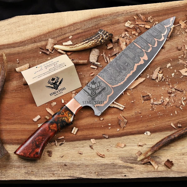 Damascus Kitchen Knife- 10 inch Cu Mai blade with Resin handle