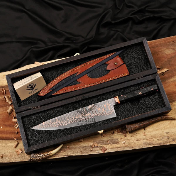 Copper Damascus Chef Knife -10″ Cu-Mai Blade - Carbon Fiber Handle.
