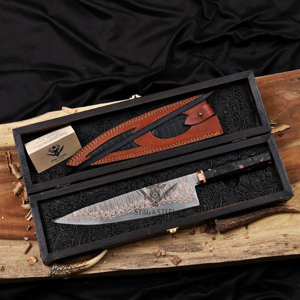 Copper Damascus Chef Knife -10″ Cu-Mai Blade - Carbon Fiber Handle.