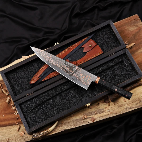 Copper Damascus Chef Knife -10″ Cu-Mai Blade - Carbon Fiber Handle.