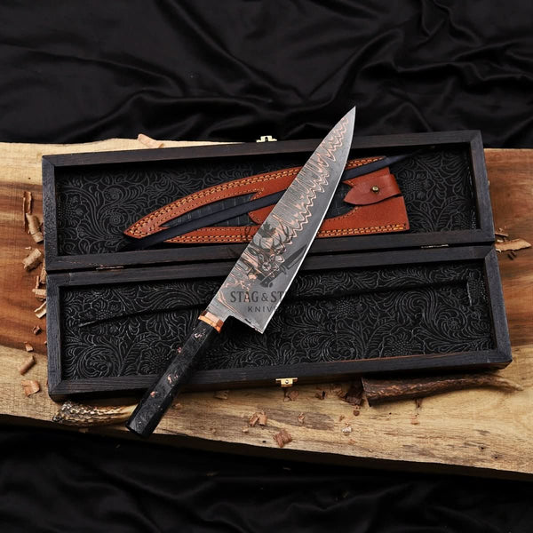 Copper Damascus Chef Knife -10″ Cu-Mai Blade - Carbon Fiber Handle.
