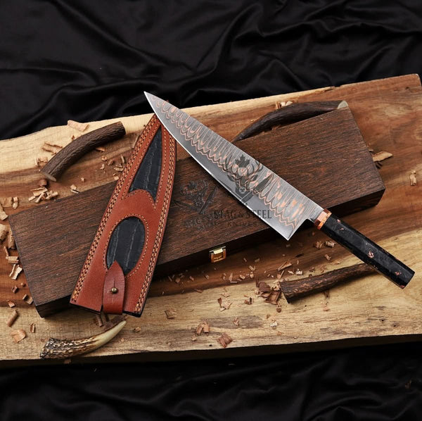 Copper Damascus Chef Knife -10″ Cu-Mai Blade - Carbon Fiber Handle.