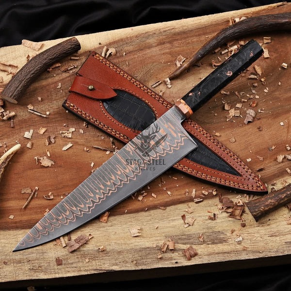 Copper Damascus Chef Knife -10″ Cu-Mai Blade - Carbon Fiber Handle.