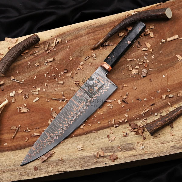 Copper Damascus Chef Knife -10″ Cu-Mai Blade - Carbon Fiber Handle.