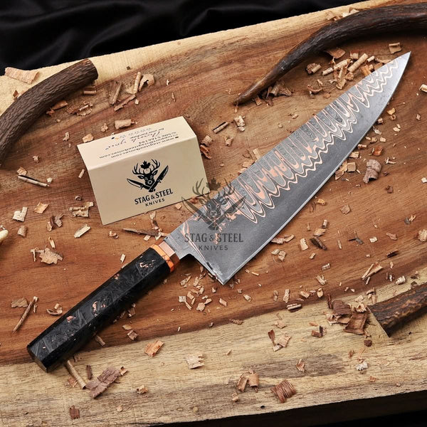 Copper Damascus Chef Knife -10″ Cu-Mai Blade - Carbon Fiber Handle.