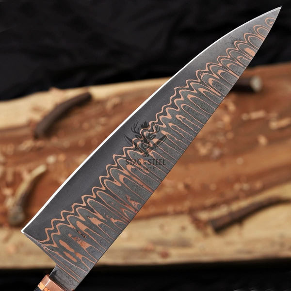 Copper Damascus Chef Knife -10″ Cu-Mai Blade - Carbon Fiber Handle.