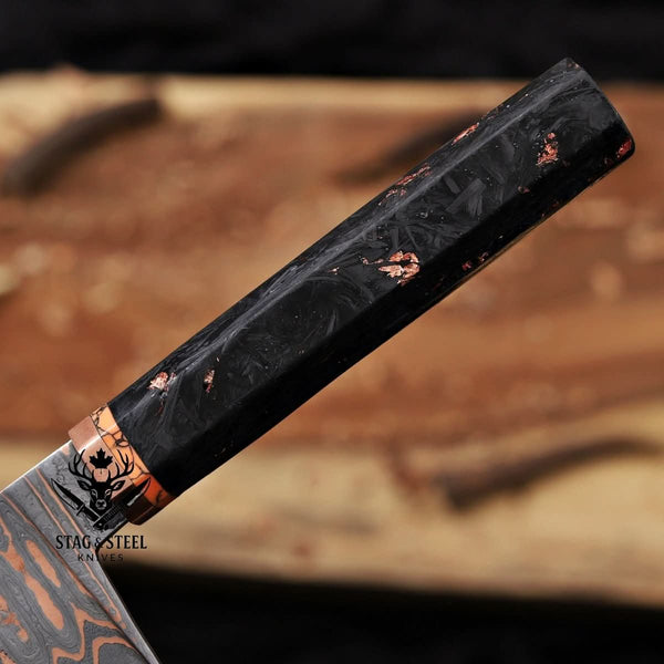 Copper Damascus Chef Knife -10″ Cu-Mai Blade - Carbon Fiber Handle.