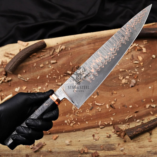 Copper Damascus Chef Knife -10″ Cu-Mai Blade - Carbon Fiber Handle.