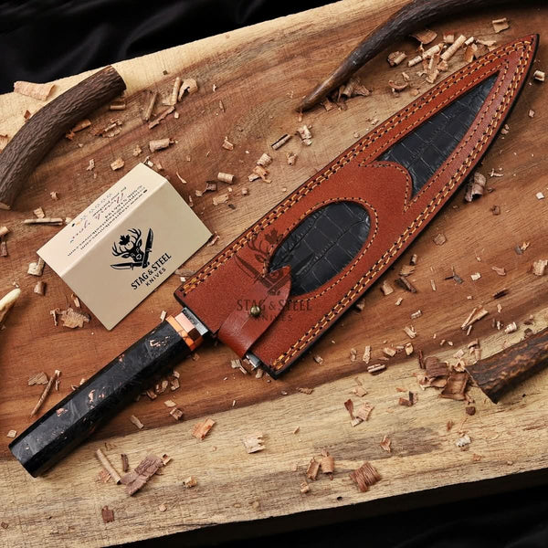 Copper Damascus Chef Knife -10″ Cu-Mai Blade - Carbon Fiber Handle.