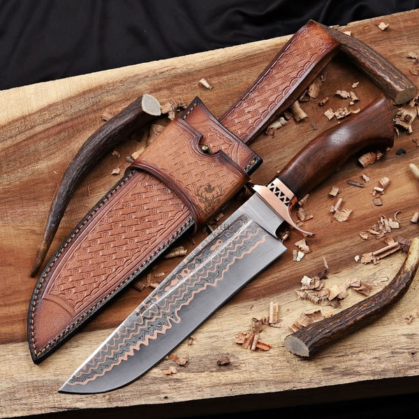 Custom Copper Damascus Bowie Knife with Filework Guard
