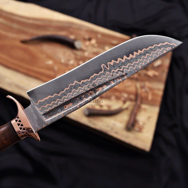 Custom Copper Damascus Bowie Knife with Filework Guard