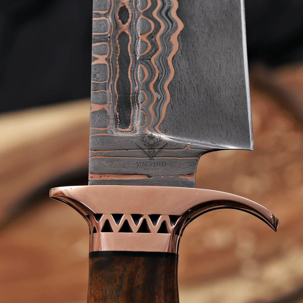 Custom Copper Damascus Bowie Knife with Filework Guard