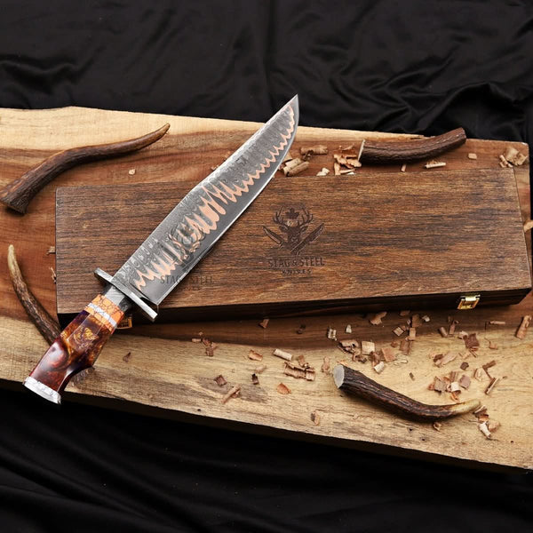 Premium Copper Damascus Bowie Knife with Layered Damascus Guard