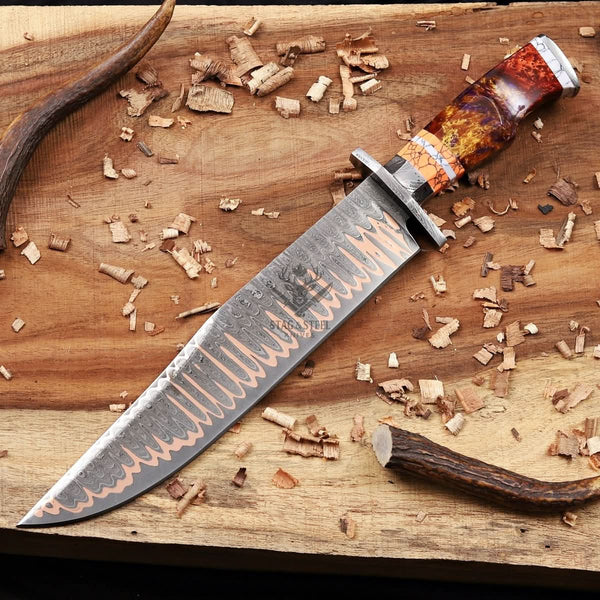 Premium Copper Damascus Bowie Knife with Layered Damascus Guard