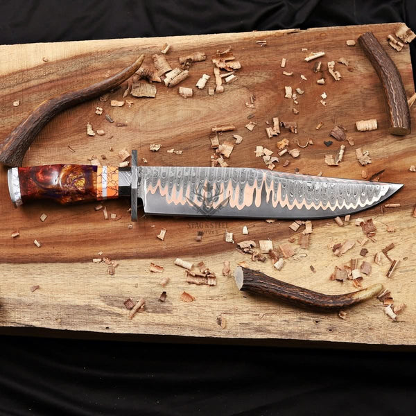 Premium Copper Damascus Bowie Knife with Layered Damascus Guard