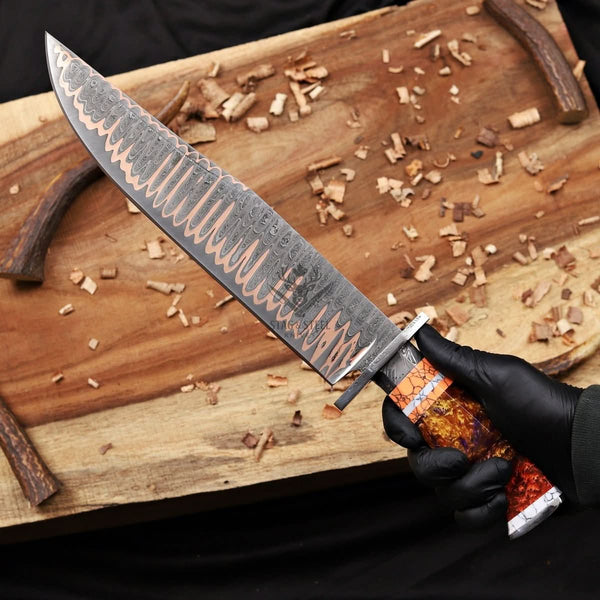 Premium Copper Damascus Bowie Knife with Layered Damascus Guard
