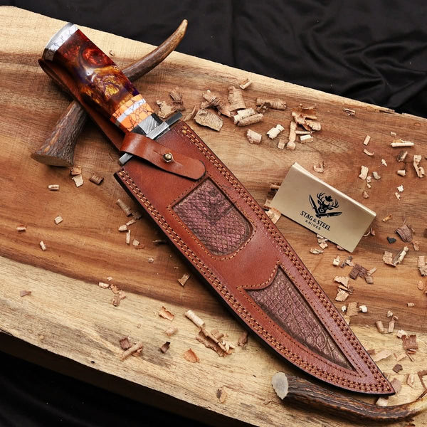 Premium Copper Damascus Bowie Knife with Layered Damascus Guard