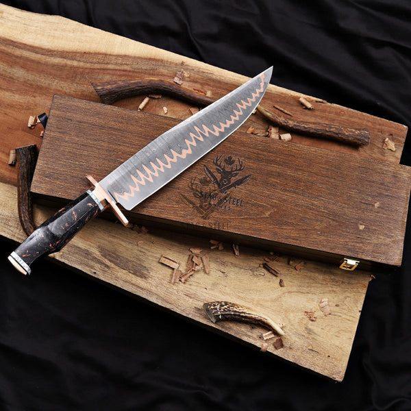 Copper Damascus Bowie Knife - 11” Blade with Copper Guard