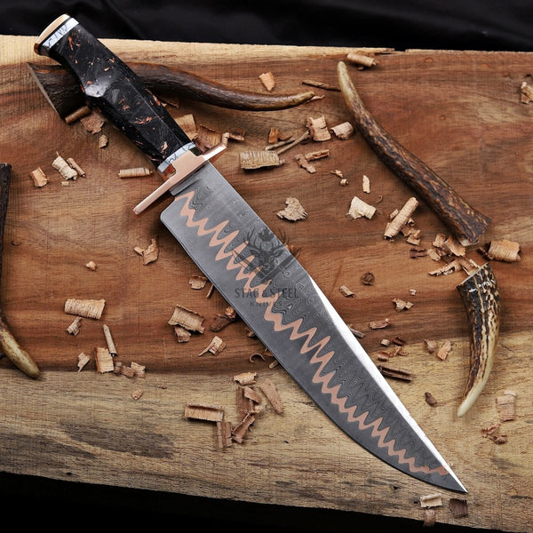 Copper Damascus Bowie Knife - 11” Blade with Copper Guard