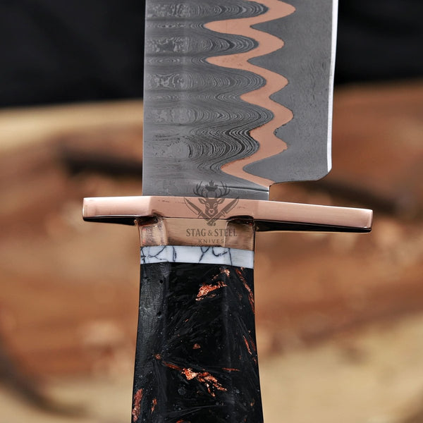 Copper Damascus Bowie Knife - 11” Blade with Copper Guard