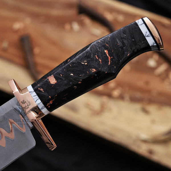 Copper Damascus Bowie Knife - 11” Blade with Copper Guard