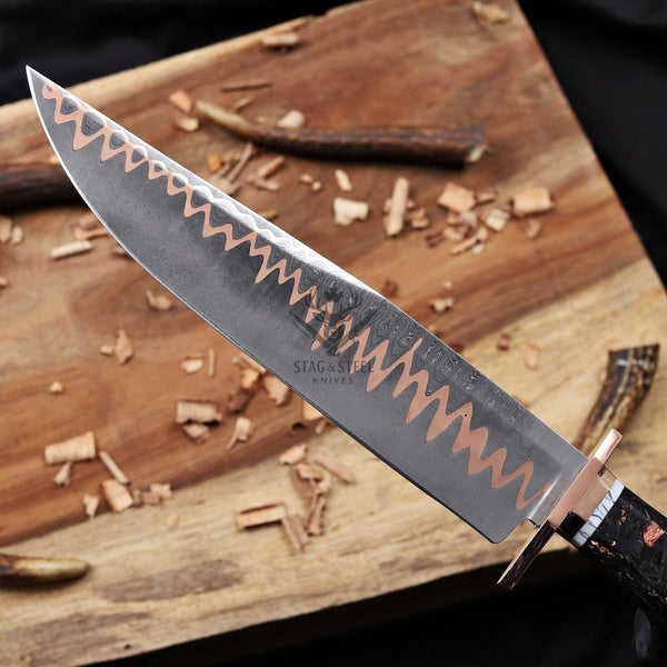 Copper Damascus Bowie Knife - 11” Blade with Copper Guard