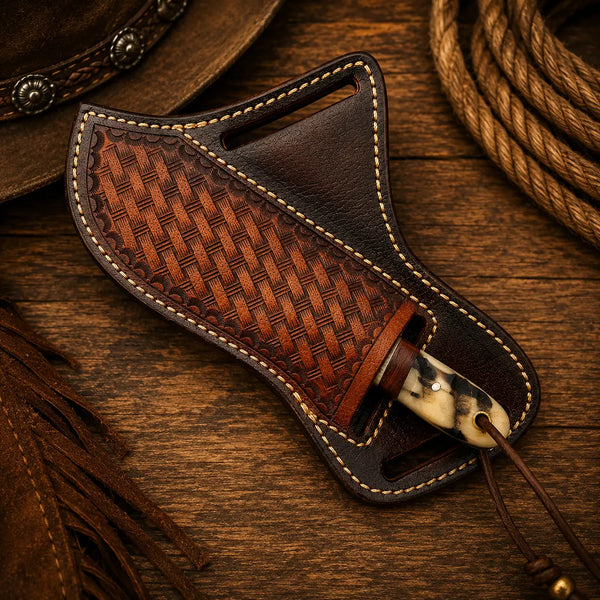 Knife secured in pancake leather sheath demonstrating fit and hand-stitched construction detail.