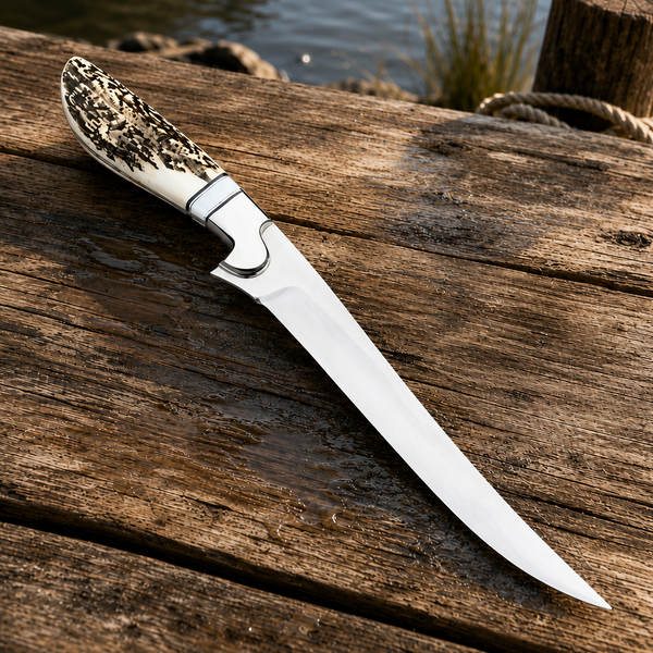 Fixed-blade steel fillet knife with a textured natural stag horn handle resting on a rustic wooden pier.