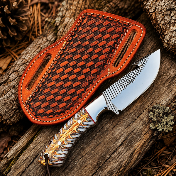 Handmade rasp steel gut hook hunting knife with a pine cone resin handle and an etched mountain pattern, resting beside a tooled leather sheath on rustic wood.