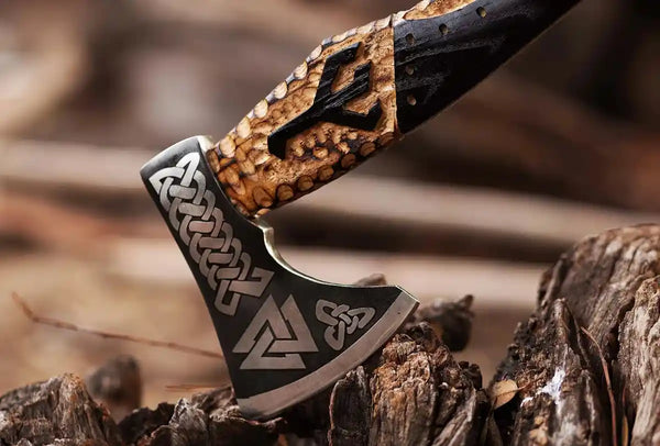 Raven Feather Viking Bearded Axe with Rope Carved Handle