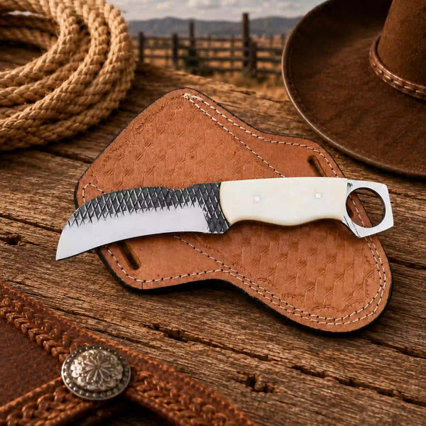 Ring pommel rasp steel hawkbill knife with bone handle on a cross draw leather sheath