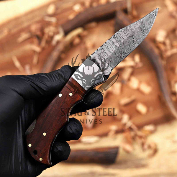 Rose Wood Damascus Folding Knife with Hardwood Gift Box