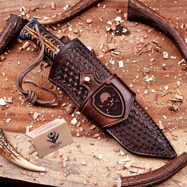San Mai Damascus tanto knife in skull leather sheath