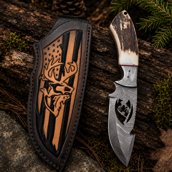 A fixed-blade knife with a patterned steel blade and a stag emblem on its handle, displayed beside a dark leather sheath featuring a carved stag and American flag design, set on a rustic log with moss and pine branches.