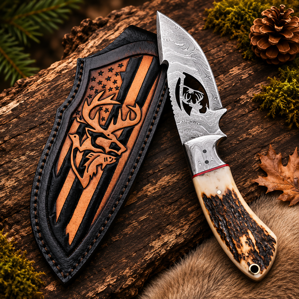 Stag horn Damascus gut hook hunting knife with skull cutout blade, wire notch, and matching laser-engraved stag leather sheath on a rustic forest log backdrop.