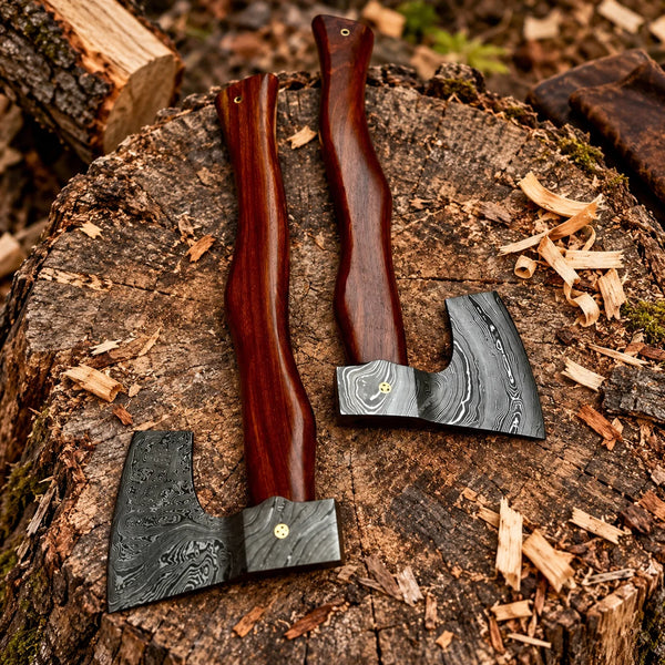Twin Damascus steel hatchets with handcrafted rosewood handles