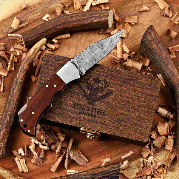 Rose Wood Damascus Folding Knife with Hardwood Gift Box
