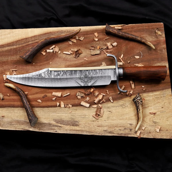 Alamo Musso damascus bowie knife rosewood handle full knife horizontal layout blade and handle detail