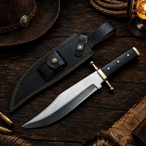 Handmade antique-style Bowie knife with 10 inch D2 blade, buffalo horn handle and brass guard beside a tooled sheath