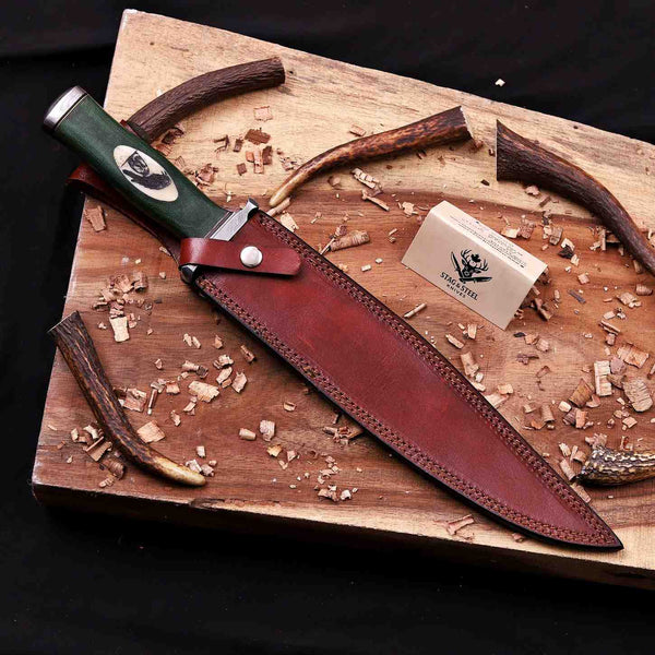 Arkansas toothpick knife with green G10 handle in brown leather sheath