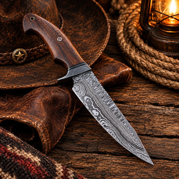 Bobcat Damascus hunting knife with rosewood handle held in hand outdoors Copy