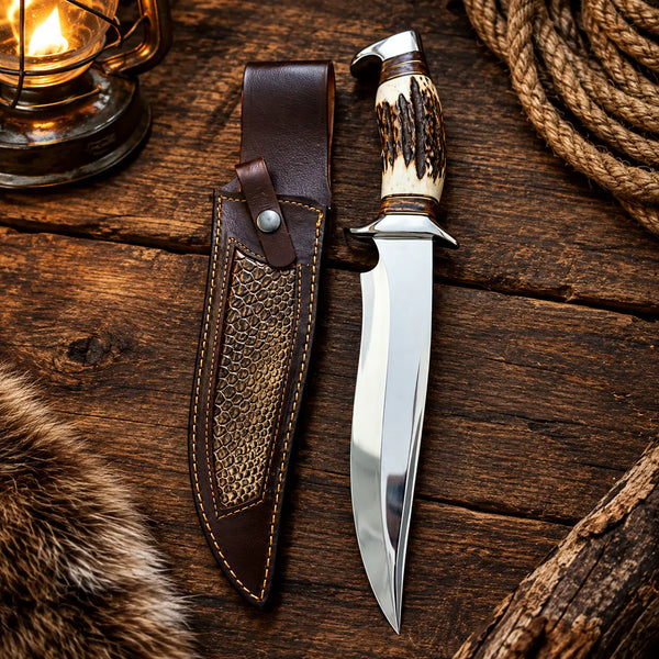 Handmade stag handle Bowie knife with D2 clip point blade beside a tooled leather sheath