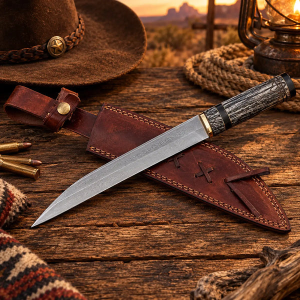 Handmade broken-back seax knife with runic engraved blade and leather sheath